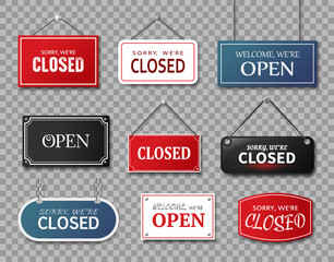 Realistic signs Sorry we are Closed and Welcome we are Open. Vector set