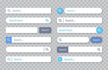 Search bar. Set of search boxes with shadow on transparent background. Vector.