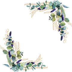 Floral frame with watercolor and golden eucalyptus branches and lavender flowers, hand drawn illustration on white background, for invitation, card decoration, wedding design, greeting card © nastyasklyarova