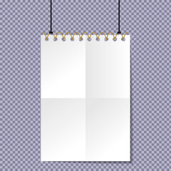 Blank white poster hanging on a transparent background. Vector. EPS 10