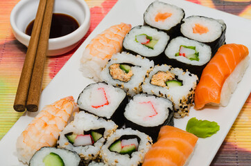 Sushi traditional japanese food. Sushi plate with soy sauce and chopsticks