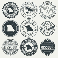 Missouri Set of Stamps. Travel Stamp. Made In Product. Design Seals Old Style Insignia.