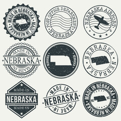 Nebraska Set of Stamps. Travel Stamp. Made In Product. Design Seals Old Style Insignia.