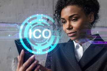Businesswoman typing phone, work in modern office on new project. ICO blockchain hologram. Double...