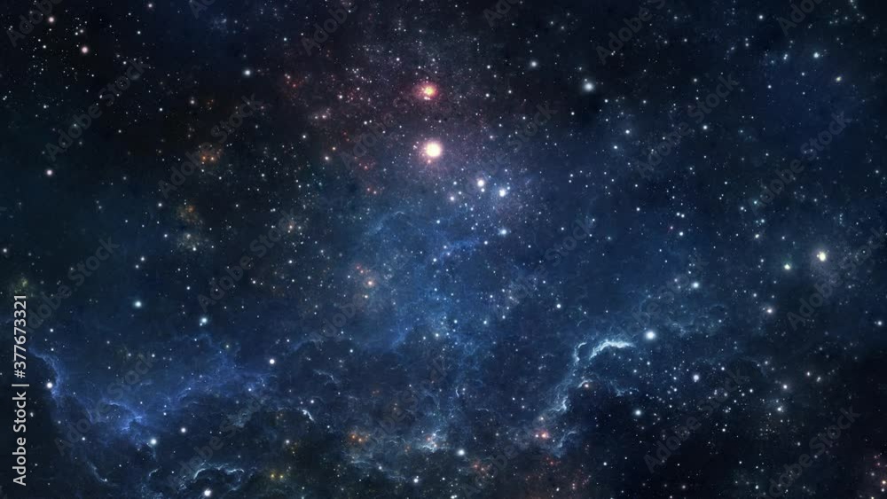 Wall mural camera flying through the clouds and star field in outer space.
