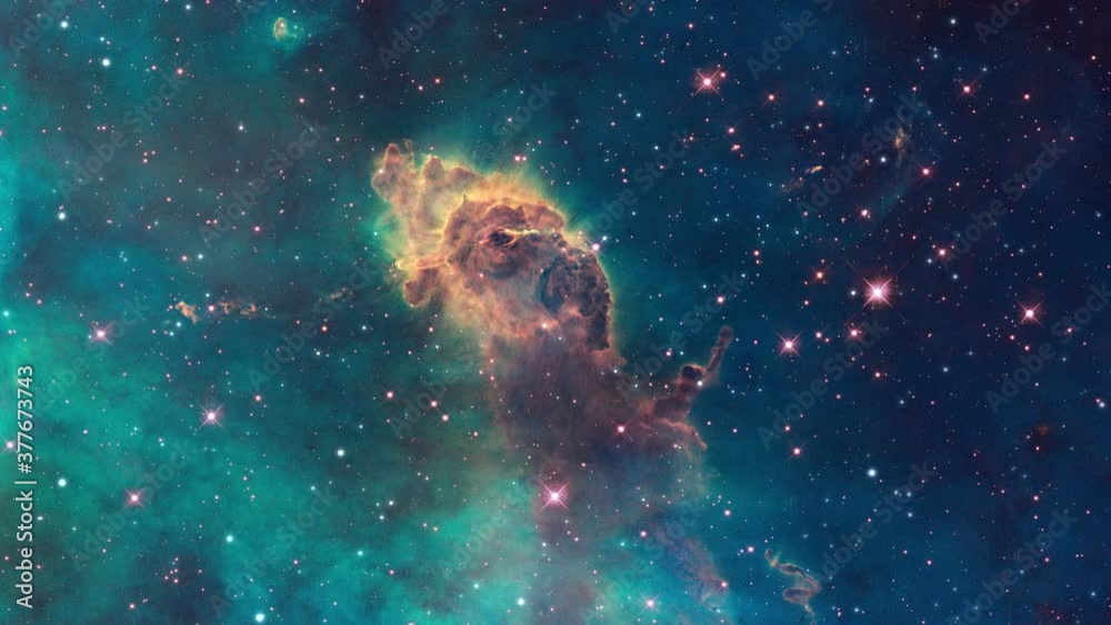 Wall mural camera flying through the clouds and star field in outer space.