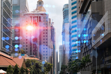 World planet Earth map hologram over panorama city view of Singapore, Asia. The concept of international connections and business. Multi Exposure.