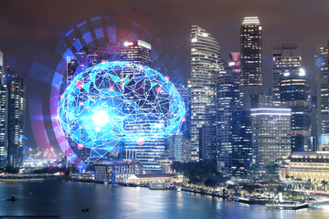 Human brain hologram, aerial panoramic city view of Singapore at night. Educational cluster in Asia. The concept of artificial intelligence. Double exposure.