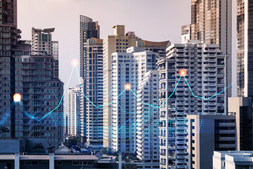 Obraz na płótnie Canvas Financial stock chart hologram over panorama city view of Bangkok, business center in Asia. The concept of international transactions. Double exposure.