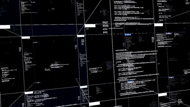 Abstract programming code devided into blocks on black background, seamless loop. Animation. Technology background of software developer and computer script.