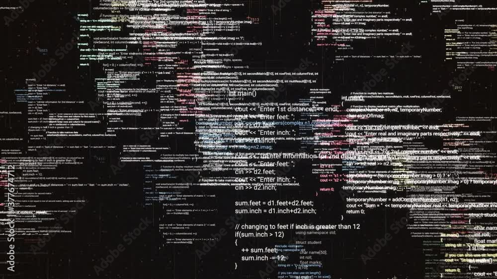 Poster abstract digital source code of a computer program on virtual display. animation. statistics recordi