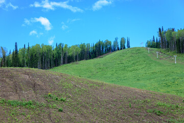 Lift with iron poles and cables for lifting people on the mountain.