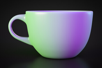 Ceramic mug close up. Green to purple gradient coverage. Dark background.