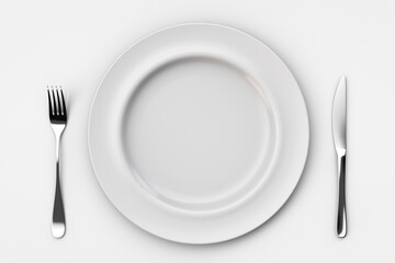 Empty white ceramic plate with fork and knife on light table. Top view.
