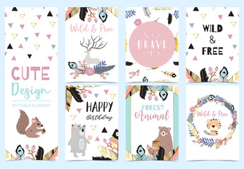 Collection of woodland cards set with reindeer,bear,flower,wreath,squirrel.Vector illustration for birthday invitation,postcard and sticker.Editable element
