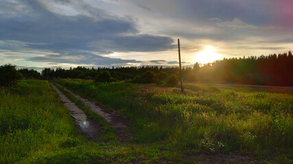An old road under the summer sunset in the Urals