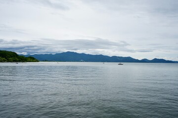 The Inawashiro lake view with boat.
