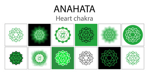 Anahata icon set. The fourth heart chakra. Vector green gloss and shine. One line symbol. Outline sacral sign collection. Meditation