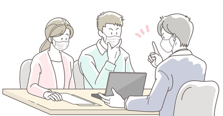 マスクを付けて商談する若い夫婦とビジネスマンのイラスト