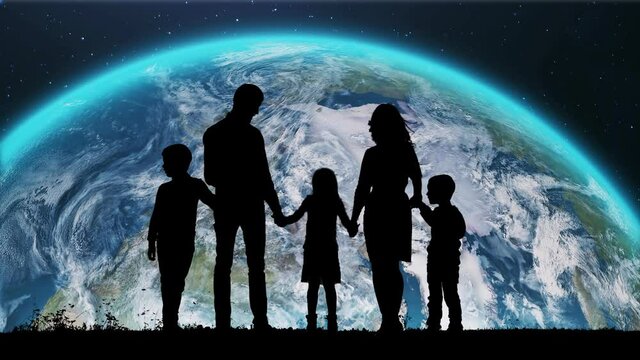 A Silhouette of a Lovely Family Standing on the Edge and Watching an Amazing Planet Earth on the Sky During Traveling by Solar System. Earth Rising Over the Horizon on Sky Up