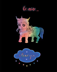 Handdrawn smiling unicorn chibi and phrase i love you isolated on the black background. Vector illustration