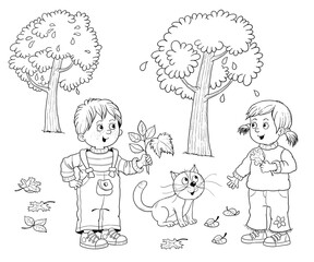 Autumn. Fall.  Coloring page. Coloring book. Illustration for children. Cute and funny cartoon characters