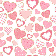 Seamless pattern Heart shaped cookies Valentines day vector illustration