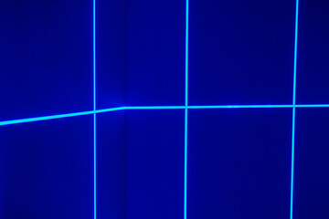 Blue square wall with white illuminated lines in large aquarium.