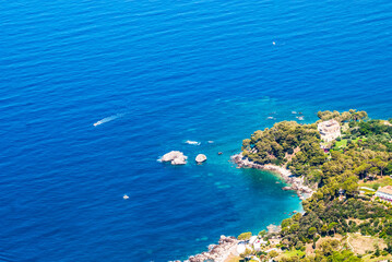 Panoramic view of Porto Maratea Mare from San Biagio mountain on Tyrrhenian sea coast near Maratea, Basilicata, Italy, Europe