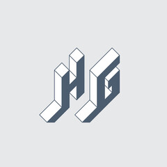 H and G - Monogram or logotype. HG - 2-letter code. Isometric 3d font for design. Three-dimension letters. Brutal logotype. Vector.