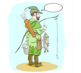Robin Hood with fishing rod made of bow. Robin Hood in retirement. Heroes of medieval legends.