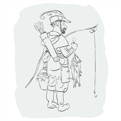 Robin Hood with fishing rod made of bow. Robin Hood in retirement. Heroes of medieval legends.
