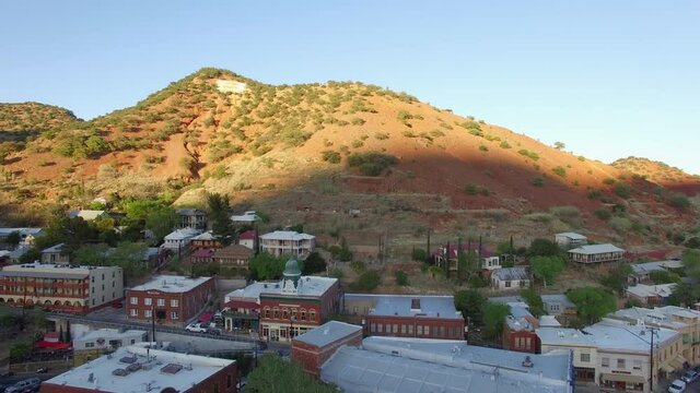 Bisbee Arizona aerial drone footage of an old historic mining town in southern Arizona known for copper mining and the Queen mine.