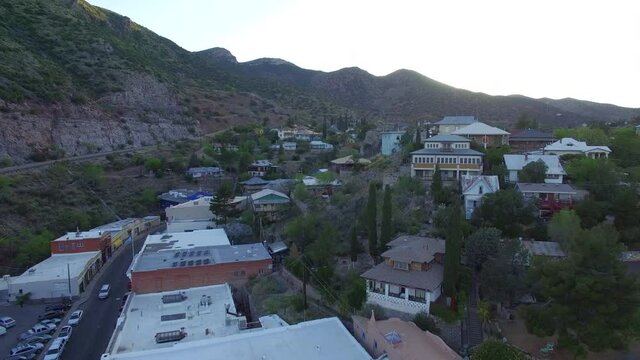 Bisbee Arizona aerial drone footage of an old historic mining town in southern Arizona known for copper mining and the Queen mine.