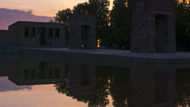 Timelapse of sunset at the ancient Egyptian temple ofDebod located it Madrid, Spain.