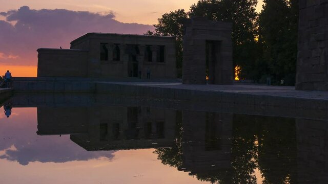Timelapse of sunset at the ancient Egyptian temple ofDebod located it Madrid, Spain.
