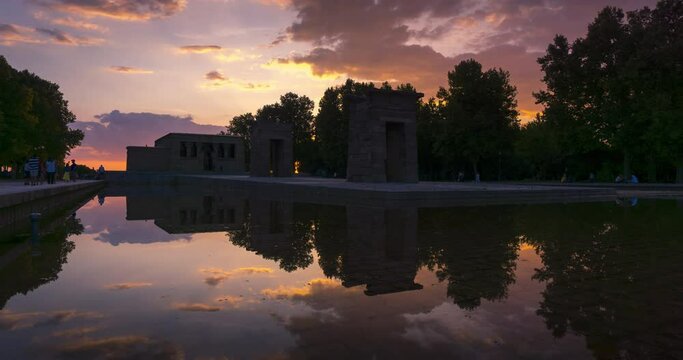Timelapse of sunset at the ancient Egyptian temple ofDebod located it Madrid, Spain.