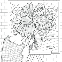Fototapeta premium Girl draws sunflowers. Artist.Coloring book antistress for children and adults. Illustration isolated on white background.Black and white drawing.Zen-tangle style.