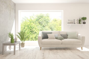 White living room with sofa and summer landscape in window. Scandinavian interior design. 3D illustration