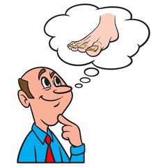 Thinking about Toenail Fungus - A cartoon illustration of a man thinking about Toenail Fungus.