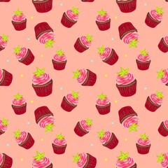 Hand drawn cupcake pattern for print design. Pattern with a cupcake with pink cream drawn by hand. Muffin. Design for product packaging, fabric print, etc