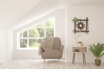 White living room with armchair and green landscape in window. Scandinavian interior design. 3D illustration