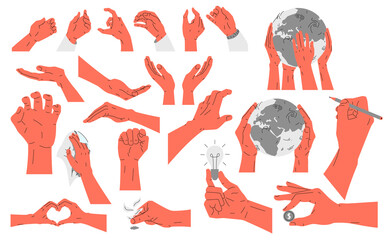 Set of hand icons. Vector illustration with a set of 20 icons of human hands, arms showing different signs and gestures and holding objects