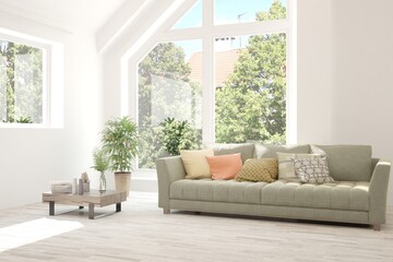 White living room with sofa and summer landscape in window. Scandinavian interior design. 3D illustration