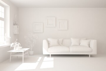 White minimalist living room with sofa. Scandinavian interior design. 3D illustration