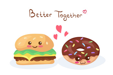 Smiling funny Burger & Doughnut with lettering. Vector kawaii fast food illustration in cute cartoon style isolated on white background. Quick meal for breakfast, menu decoration, t-shirt print.
