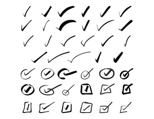Set of Black hand drawn doodle check symbols and checkbox