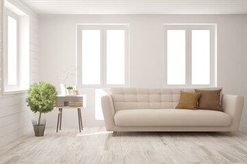 White living room with sofa. Scandinavian interior design. 3D illustration