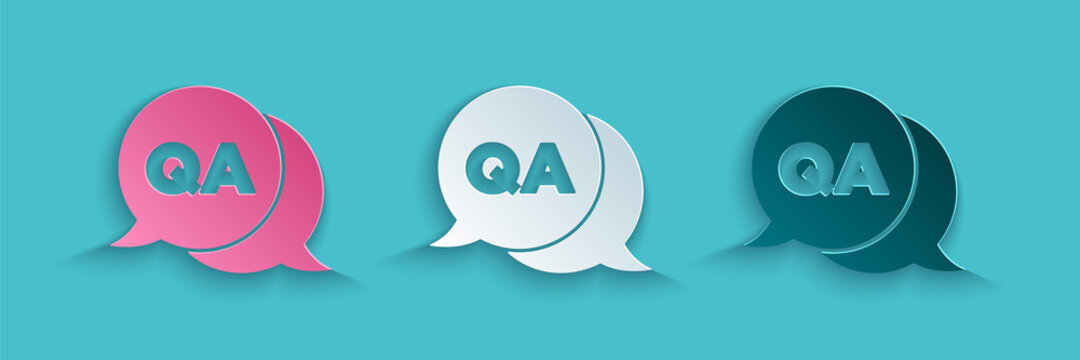 Paper cut Speech bubbles with Question and Answer icon isolated on blue background. Q and A symbol. FAQ sign. Chat speech bubble and chart. Paper art style. Vector.