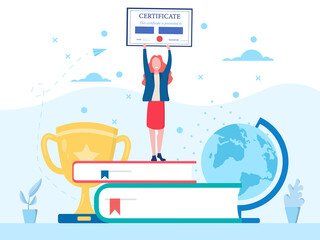 Success of Obtaining a Certificate with elated woman holding up her diploma standing on books with trophy and globe, colored vector illustration